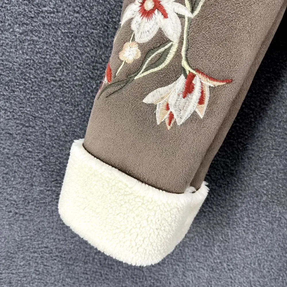 DRIFTWOOD Jacket womens Small faux suede beige embroidered sleeves Fleece lined - Picture 7 of 16